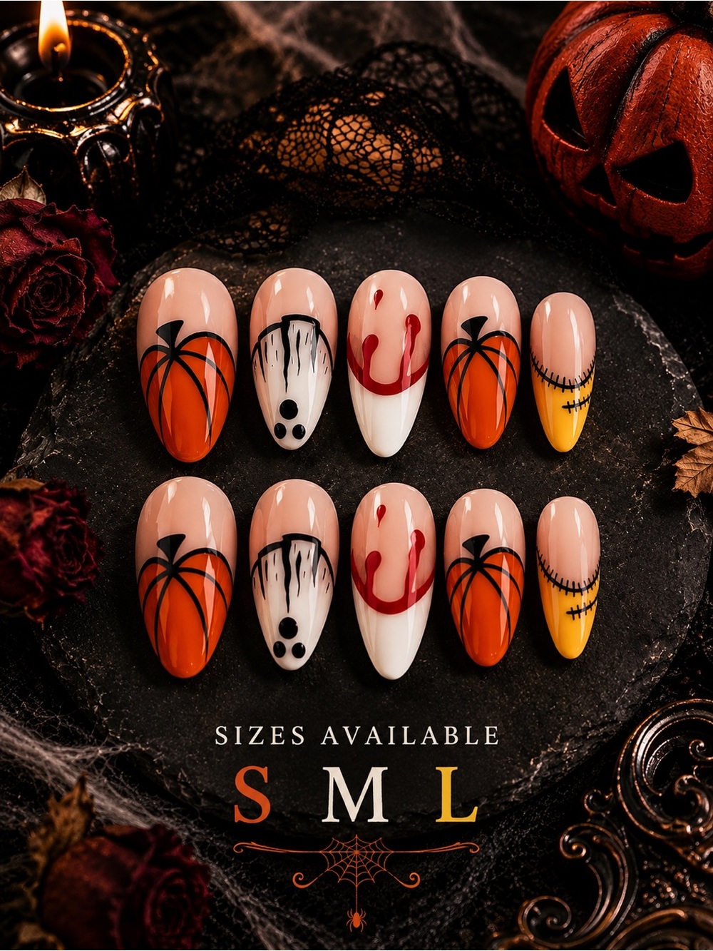 Halloween Pumpkin & Ghost Press-On Nails - Orange, White, Yellow